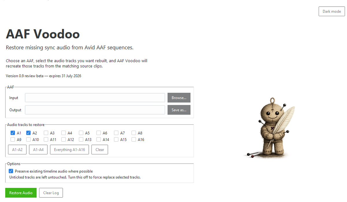 AAF Voodoo application screenshot showing an AAF ready for audio restoration